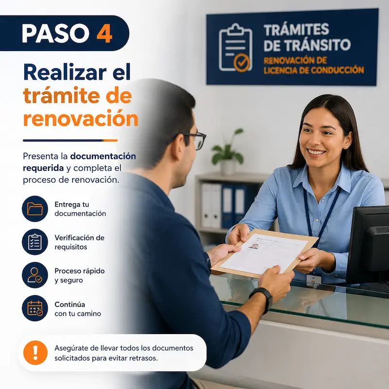 Paso 4 para renovar licencia de conducción: realizar el trámite de renovación y entregar la documentación requerida