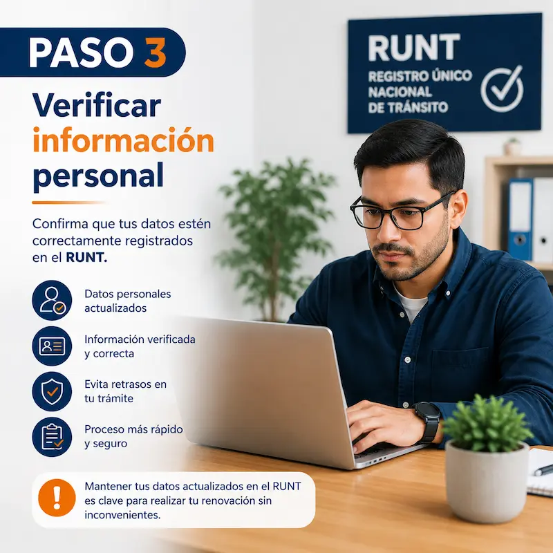 Paso 3 para renovar licencia de conducción: verificar datos personales registrados en el RUNT
