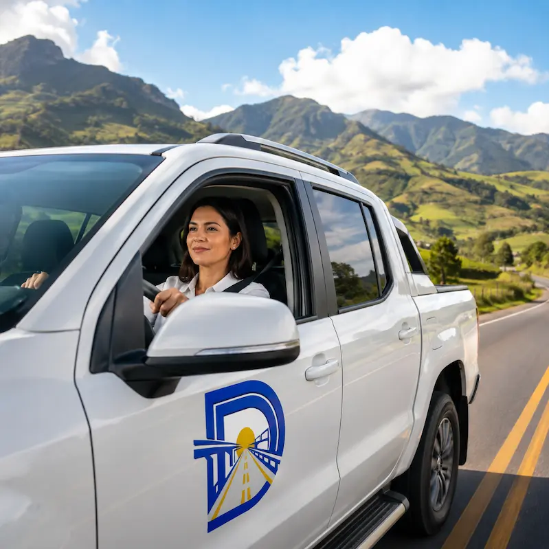 Mujer conduciendo una camioneta en una carretera de Colombia