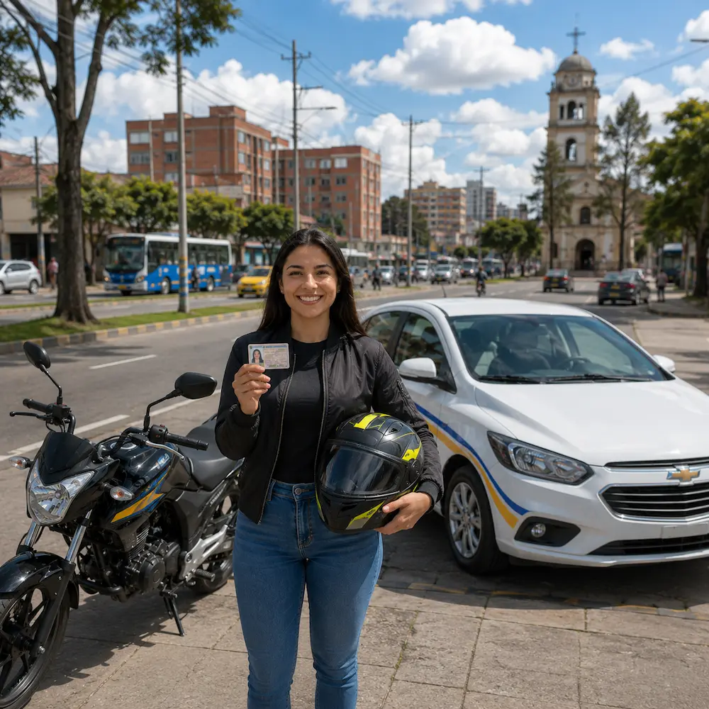 Estudiante con licencia de conducción junto a moto y vehículo de práctica en Kennedy Bogotá