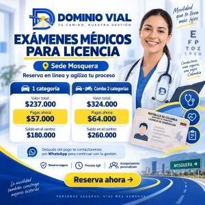 Imagen promocional de Dominio Vial para exámenes médicos de licencia de conducción en Mosquera, con precios de reserva para 1 categoría y combo 2 categorías.