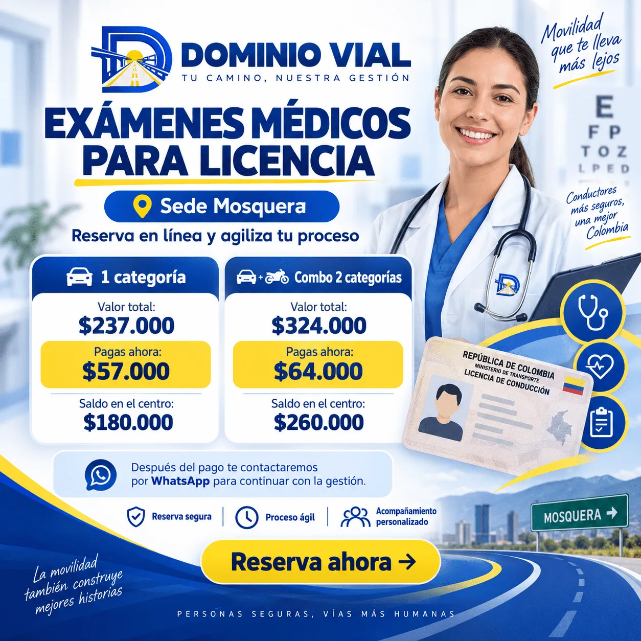 Imagen promocional de Dominio Vial para exámenes médicos de licencia de conducción en Mosquera, con precios de reserva para 1 categoría y combo 2 categorías.