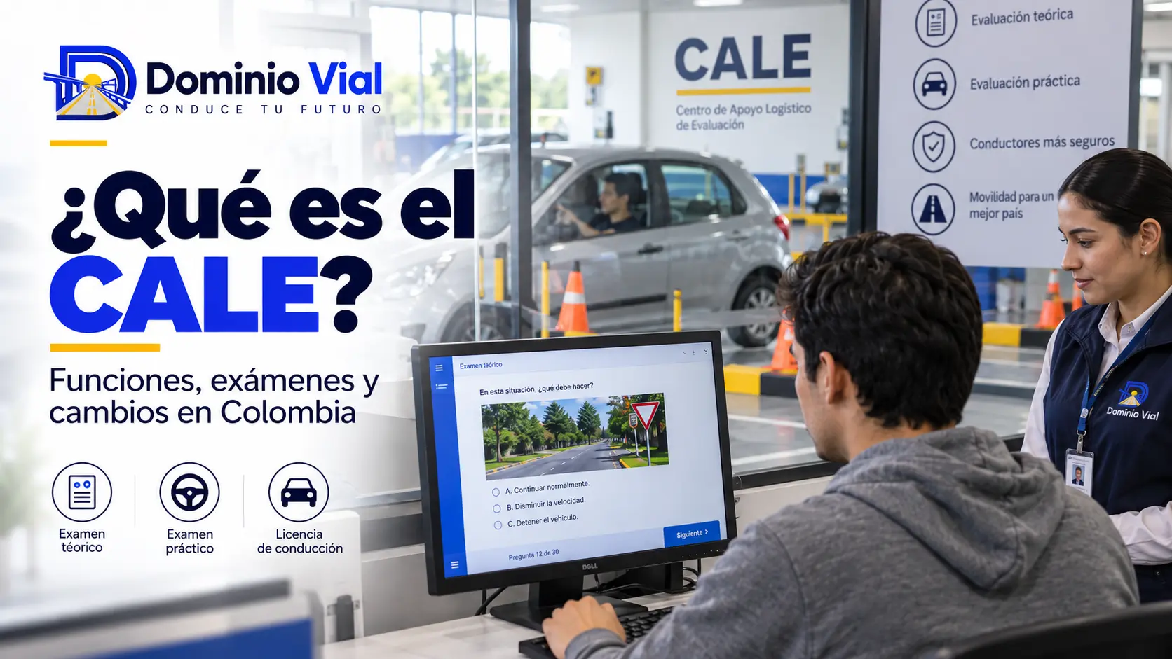 Aspirante presenta un examen teórico de conducción en una representación de un centro CALE en Colombia.