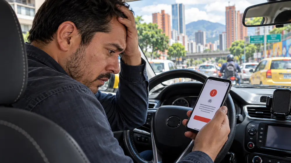Conductor que trabaja en aplicacion preocupado por alerta