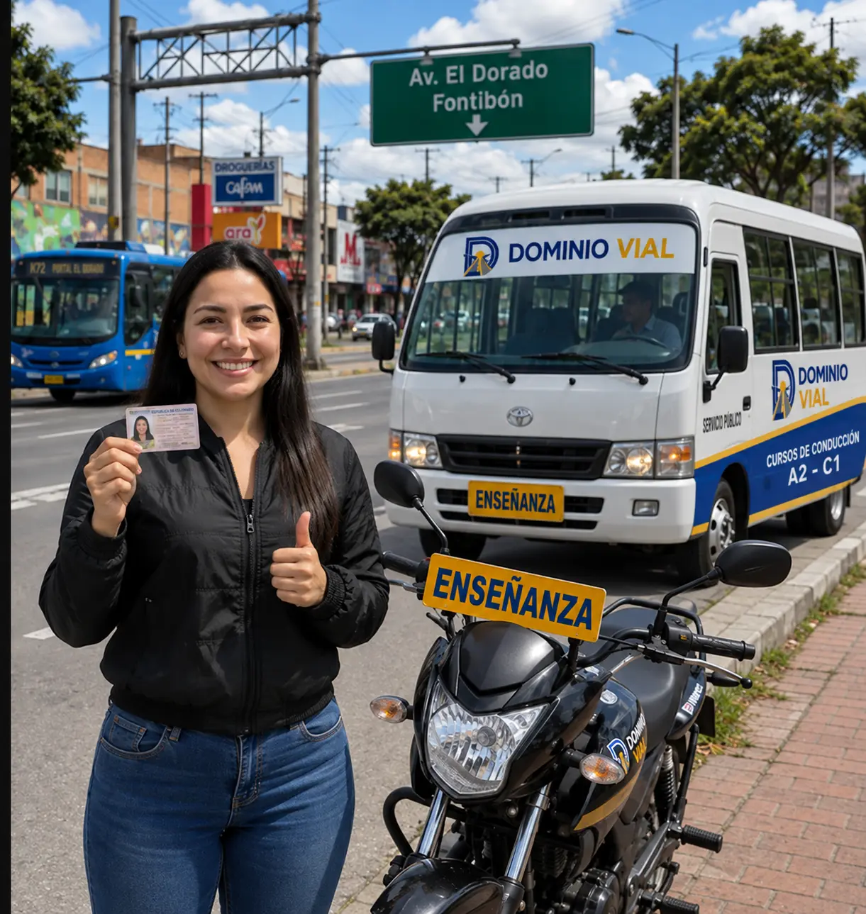 Estudiante con licencia junto a motocicleta de enseñanza y microbús de servicio público para curso A2 y C1 en Bogotá