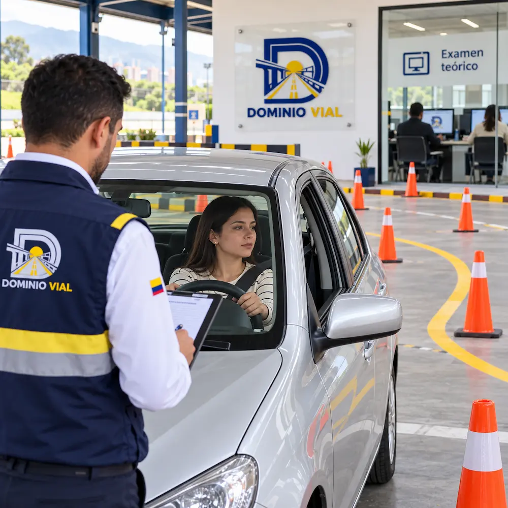 Aspirante realiza una prueba práctica de conducción en automóvil, supervisada por un evaluador en un circuito con conos.