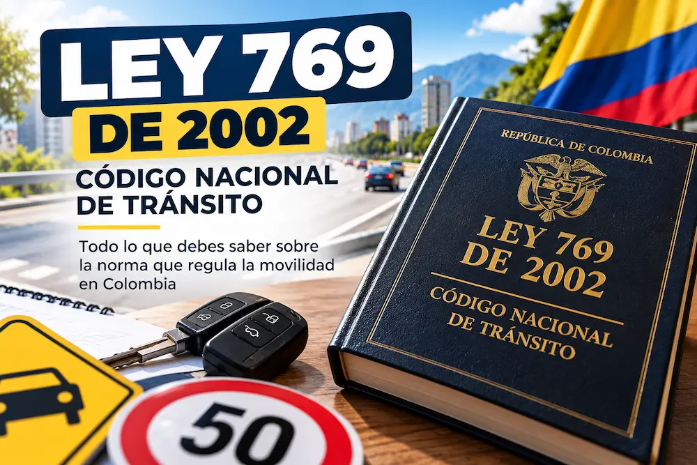 Portada ilustrada de la Ley 769 de 2002, Código Nacional de Tránsito de Colombia, con carretera y señales de tránsito.